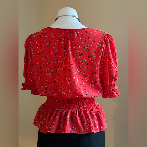 Sienna Sky Red Beautiful Blouse Elastic Sleeves & Waist Fabric Buttons S… - Picture 4 of 11